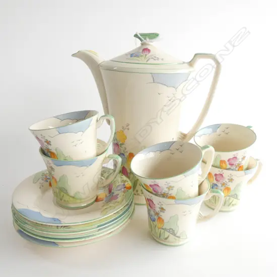 13 PCE CROWN DEVON DEMITASSE SET; 6 CUPS & SAUCERS + COFFEE POT H.190mm