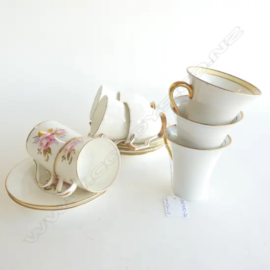 AYNSLEY DEMITASSE CUPS & SAUCERS (2 PATTERNS) + 3 HUTSCHENREUTHER SM CONICAL MUGS H. 80MM