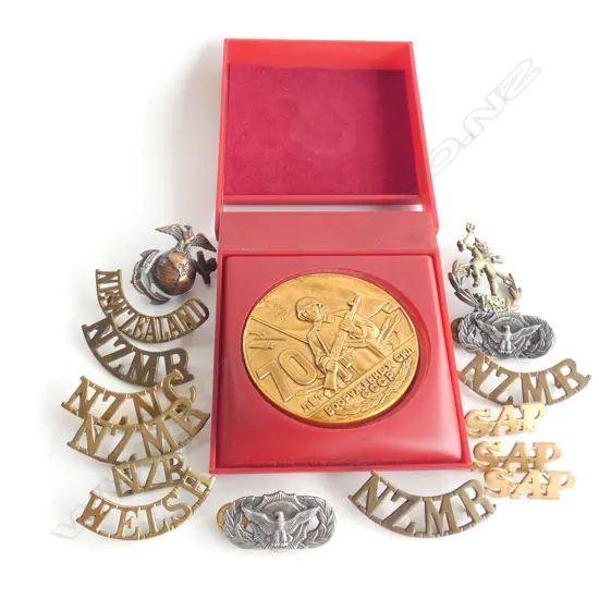 BAG ASST. NZ WAR LETTER BADGES + SOME USA & RUSSIAN TOKEN