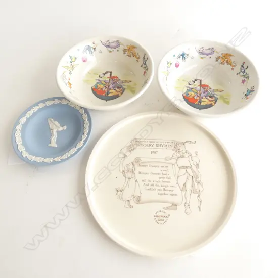 4 PCS WEDGWOOD; 3 NURSERY WARE (TILE /2 BOWLS) + 1 JASPERWARE DISH