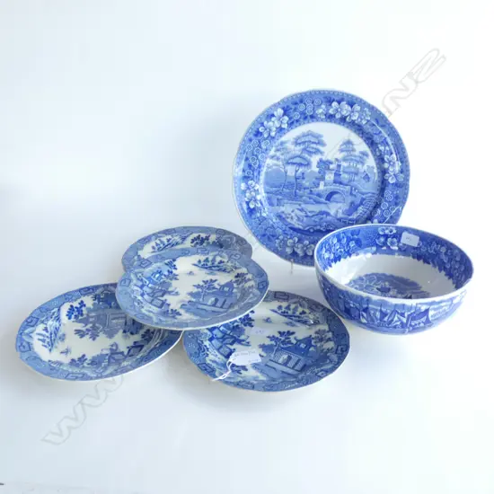 SET 4 DAVENPORT B/W WILLOW PLATES 200mm dia + COPELAND 'SPODES TOWER' PLATE  & WEDGWOOD BOWL 200mm