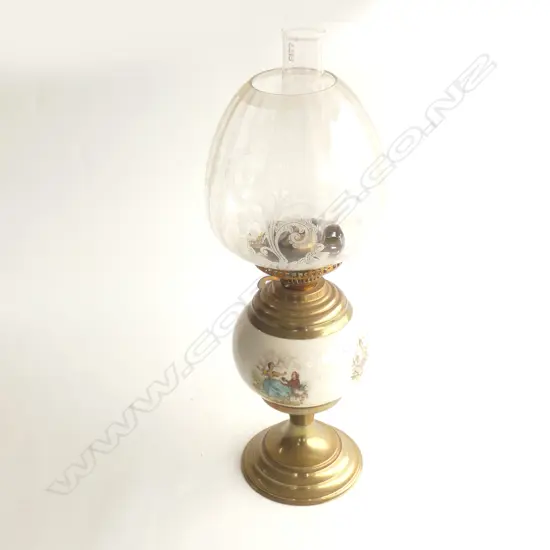 BRASS OIL LAMP w. GLASS SHADE & FLUE LAMP H.540mm