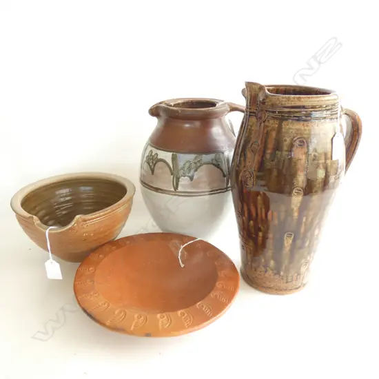 4 POTTERY PCS; 2 EX LG JUGS H.320MM /BOWL & PLATE DIA 250MM 3 PCS SIGNED