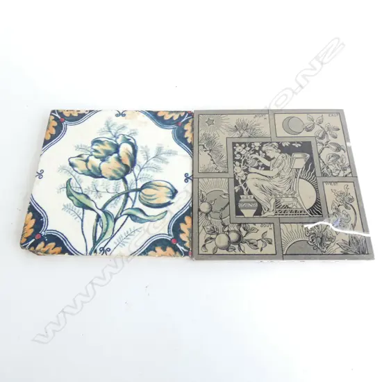 PR VINTAGE TILES INCL. NORTH/SOUTH/EAST/WEST ART NOUVEAU - 1 TILE HAS DAMAGE TO CORNER.