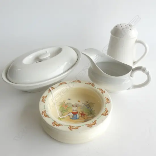 BARBARA VERNON BUNNYKINS BOWL (DIA 52MM) & 3 PCS GRIMWADES WHITEWARE; JUG/LIDDED DISH & FLOUR SHAKER 