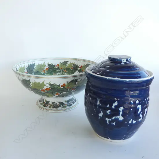VICTORIAN COPELAND MISTLETOE LG FOOTED BOWL - DIA  315MM & BLUE & WHITE POTTERY CANISTER H. 140MM