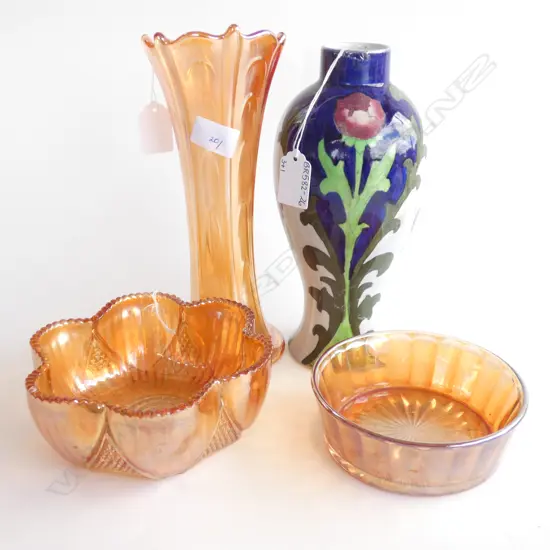 3 PCS CARNIVAL GLASS; VASE & 2 BOWLS (DIA 155MM) & BURSLEY WARE VASE H. 235MM