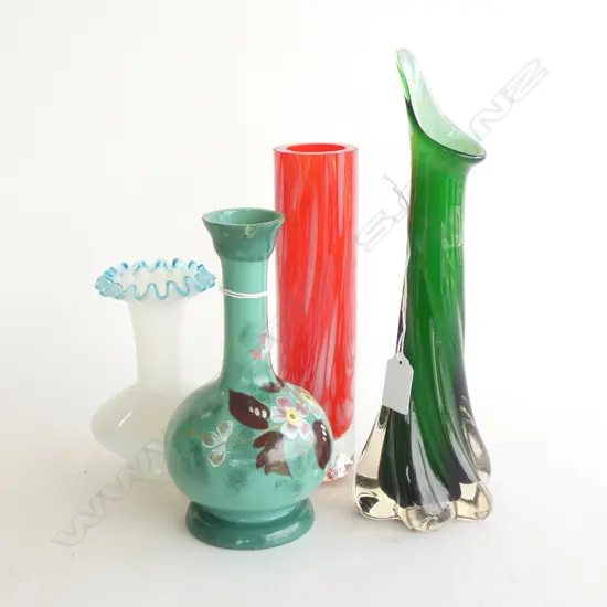 4 GLASS VASES; 2 VICTORIAN, 2 ART GLASS - RED & GREEN H.285mm