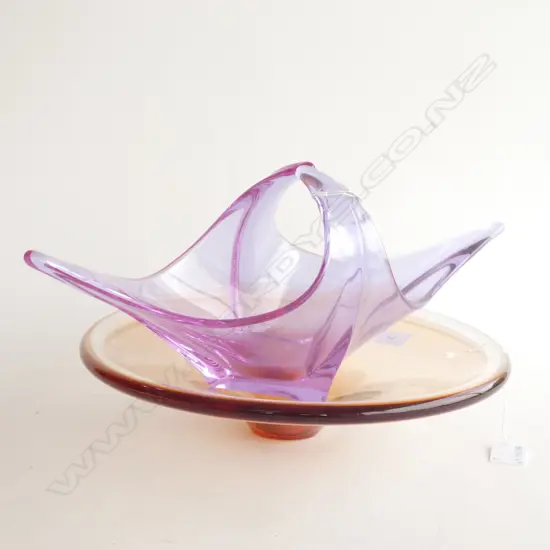 2 ART GLASS BOWLS; PURPLE & AMBER 335mm dia