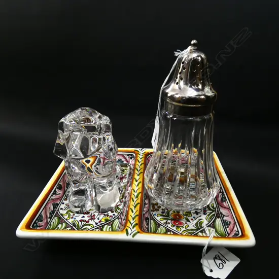 2 GLASS PCS; ORREFORS DOG H. 115MM; STUART SUGAR SIFTER EP LID H 180MM + PORTUGUESE HAND PAINTED TWIN DISH 
