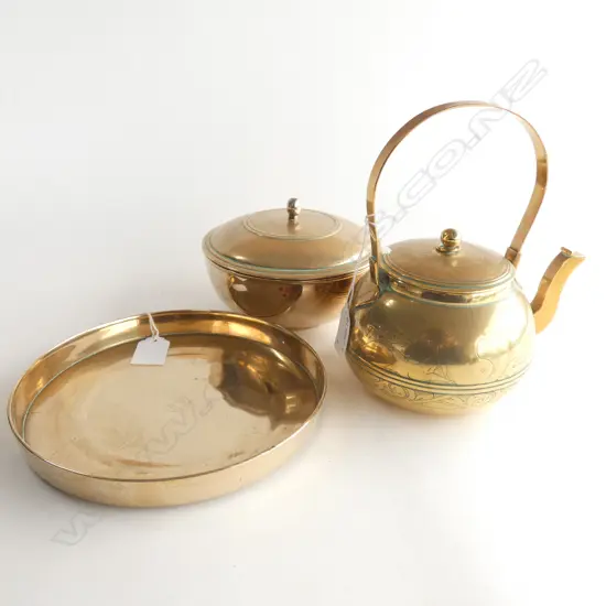 BRASS TEAPOT, LIDDED CONTAINER & TRAY 195mm dia