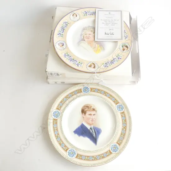 PR ROYAL DOULTON ROYALTY PLATES; PRINCE WILLIAM & QUEEN MOTHER - IN BOXES WITH PLATE HANGERS DIA 270MM