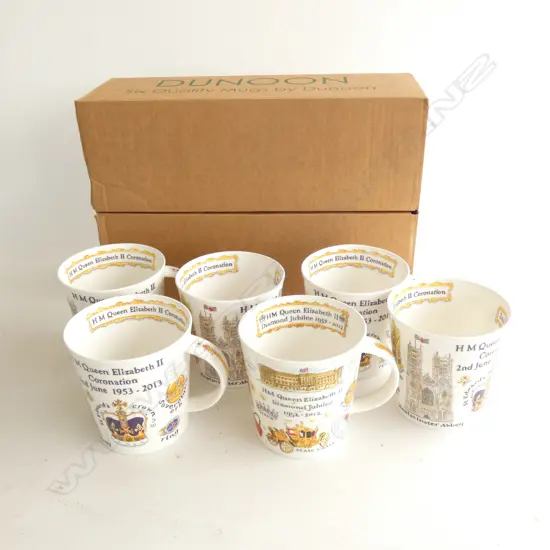 SET 6 BOXED DUNOON QUEEN ELIZABETHER CORONATION ANNIVERSARY LARGE MUG H. 105MM
