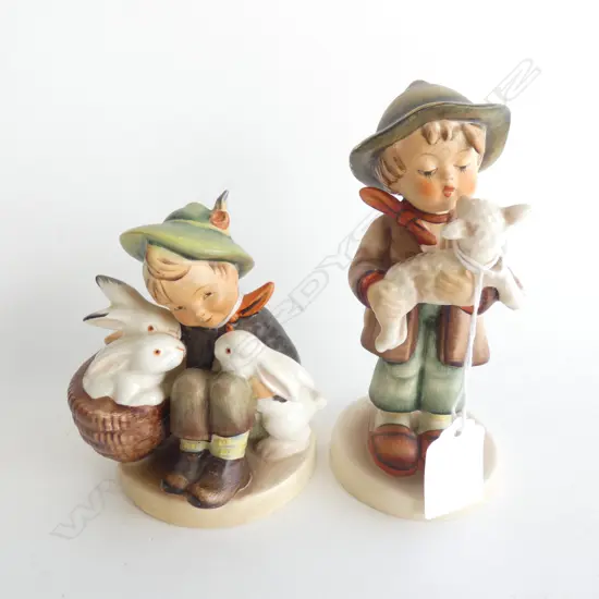 2 HUMMEL FIGURINES; #58 'PLAYMATES' BOY w. BUNNIES & #68 'LOST SHEEP' H.140mm...