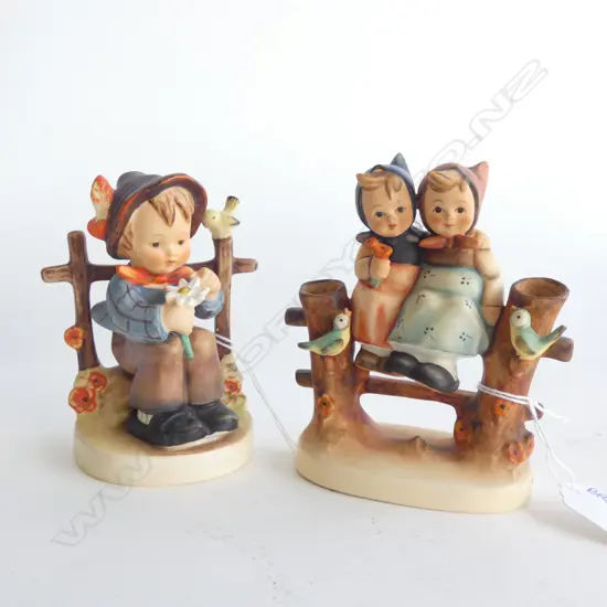2 HUMMEL FIGURINES; #174 BOY w. FLOWER & #179 'COQUETTES' 2 GIRLS ON FENCE H.125mm
