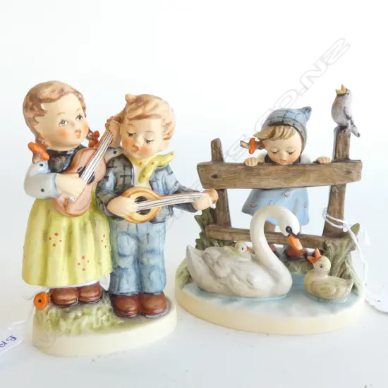 2 HUMMEL FIGURINES; #344 'FEATHERED FRIENDS' & #150 'HAPPY DAYS' 2 CHILDREN PLAYING GUITAR H.110mm