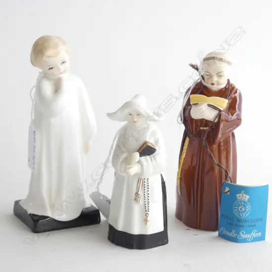 2 R/WORCESTER CANDLE SNUFFS; MONK & NUN + R/DOULTON FIGURINE 'DARLING' H.130mm