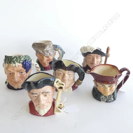 6 R/DOULTON CHARACTER JUGS; BACCHUS, GAOLER, ARAMIS, POACHER, MINE HOST & OLD MAN