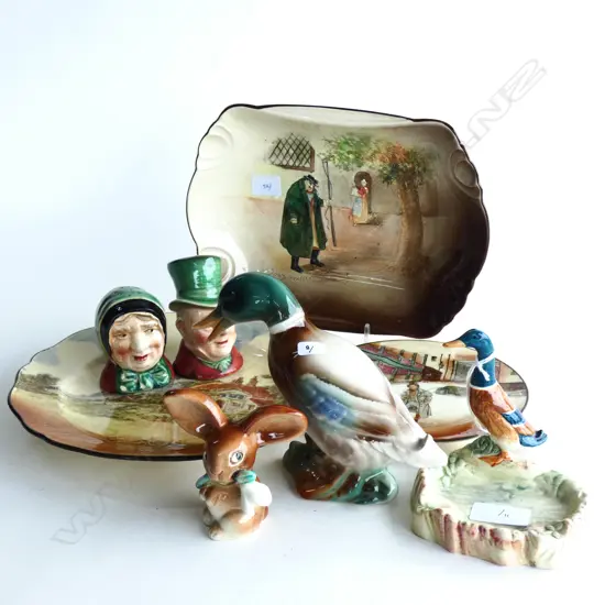 2 R/DOULTON PLATES & A DISH + 2 DUCKS, PR BESWICK HEADS SALT / PEPPER + BUNNY