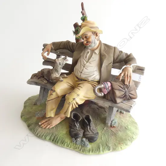 LG CAPODIMONTE FIGURINE - TRAMP WITH DOG - SIGNED TONI CINGANO L. 270MM - A/F (RIGHT FOOT MISSING)