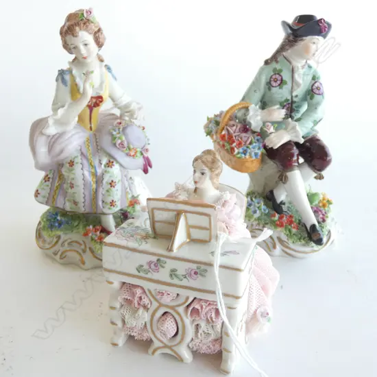 PR GERMAN PORCELAIN FIGURES 19thC STYLE; MAN & WOMAN H.145mm + IRISH DRESDEN PIANIST