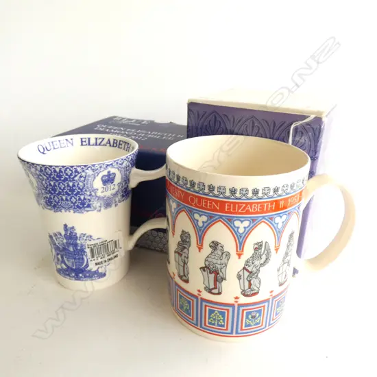 2 QUEEN ELIZABETH JUBILEE MUGS; WEDGWOOD & SPODE - BOTH IN BOXES H. 122MM