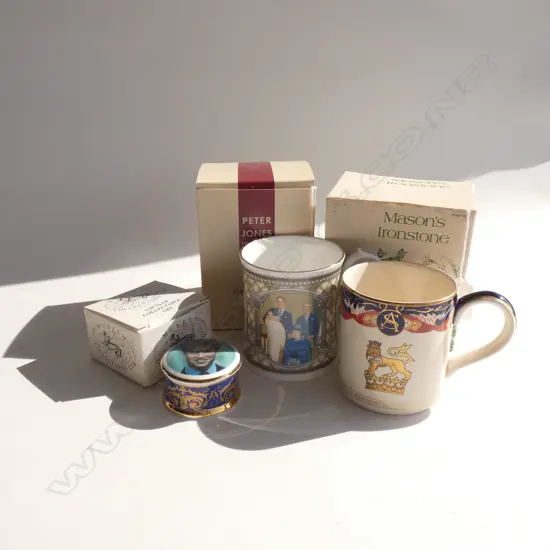 2 ROYAL MUGS; MASONS ANDREW & SARAH & 4 GENERATIONS + PRINCE WILLIAM TRINKET BOX  - ALL IN BOXES