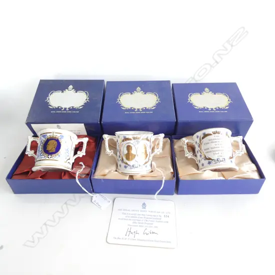 3 ROYAL CROWN DERBY ROYAL 2-HANDLED MUGS; 2 X ANDREW & SARAH WEDDING + 6OTH BIRTHDAY PRINCE PHILLIP H. 75MM