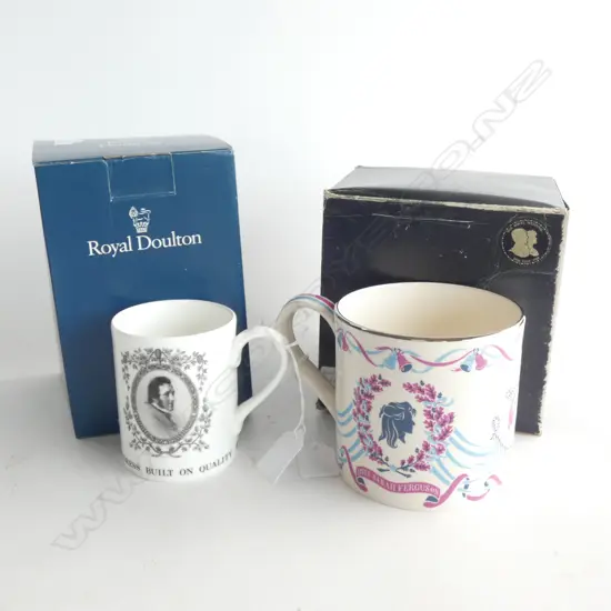 ROYAL DOULTON SIR HENRY DOULTON MUG (H 93MM) & WEDGWOOD PRINCE ANDREW & SARAH WEDDING COMMEORATION MUG H.105MM