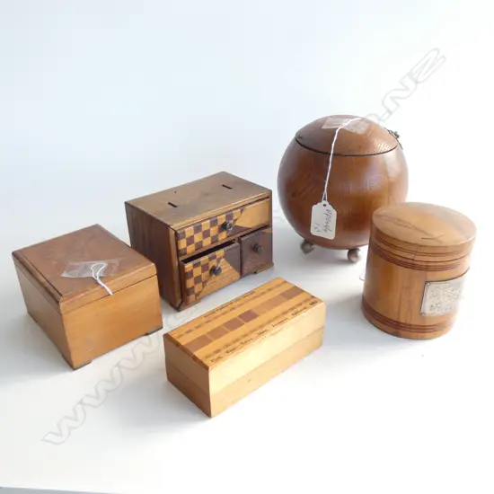 5 ASST COLLECTIBLE WOODEN BOXES  ONE WITH STG PLAQUE WTGN SWORD CLUB H 140 MM