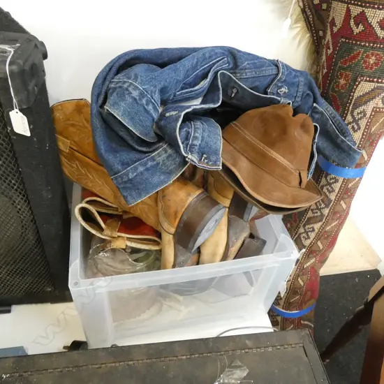 BOX LOT COWBOY BOOTS, DENIM JACKET, PLATES ETC