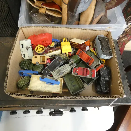 BOX LOT ASST. VINTAGE TOY CARS; DINKY, LESNEY ETC