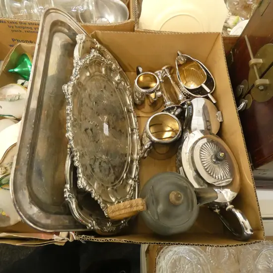 BOX LOT ASST. EPNS; TEA SET, TRAYS ETC