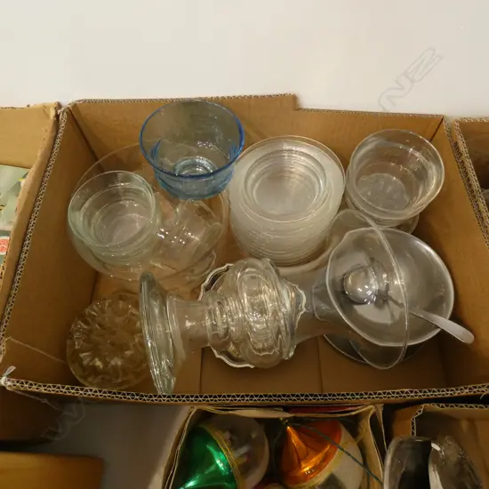 BOX ASST GLASSWARE & SILVER PLATE; INCL FLOWER FROGS / VASE /BOWLS ETC.