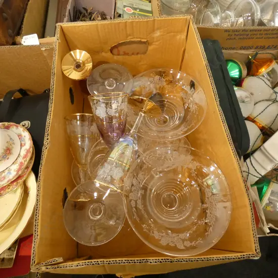BOX LOT SET OF 6 STUART CRYSTAL SUNDAES + 4 MATCHING TAZZAS ETC