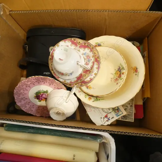 BOX LOT STAMPS, COINS, SHELLEY TRIO ETC