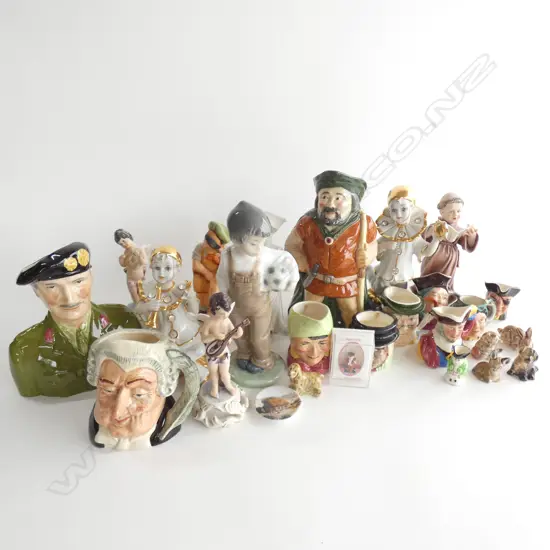 BOX LOT ASST. FIGURINES & CHARACTER JUGS; 5 WADE ANIMALS, NAO BOY, ETC