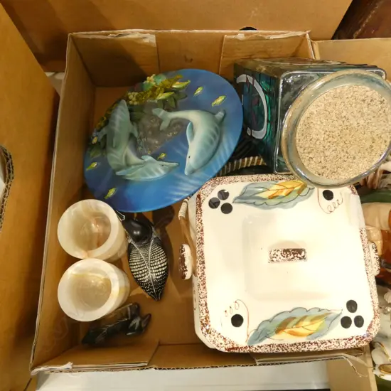 BOX LOT ASST.; DOLPHIN PLATE, LEADLIGHT JAR, VINTAGE HAND PRINTED BISCUIT BARREL, ORNAMENTS ETC