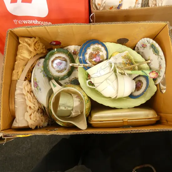 BOX LOT LIMOGES, CARLTON WARE BOWL, 3 GOLD PURSES, SHELLEY PIN DISH, 2 TENNIS SETS ETC