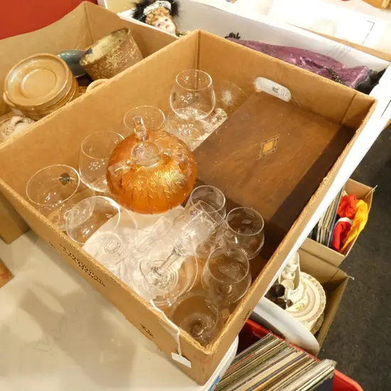 LOT ASST CRYSTAL/MAHOGANY WRITING SLOPE+ CARNIVAL BOWL