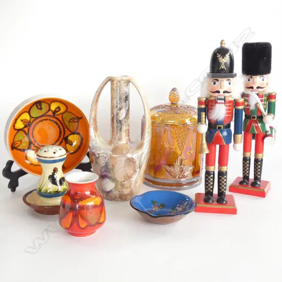 BOX LOT TORQUAY WARE, POOLE, ORANGE GLASS, PR NUTCRACKERS ETC