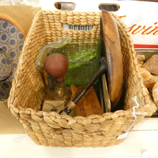 SM BASKET COLLECTABLES INCL. DEPRESSION GLASS FRIDGE DISH / PLAYING CARDS ETC..