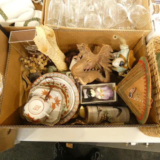 BOX LOT ASST. ORIENTAL ITEMS + ANIMAL SKIN