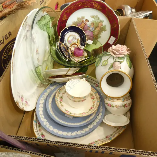 BOX LOT LIMOGES, VICTORIAN CHINA, VASE ETC