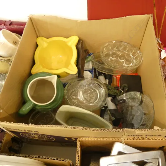 BOX ASST INCL DEPRESSION GLASS JELLY MOULDS ETC..