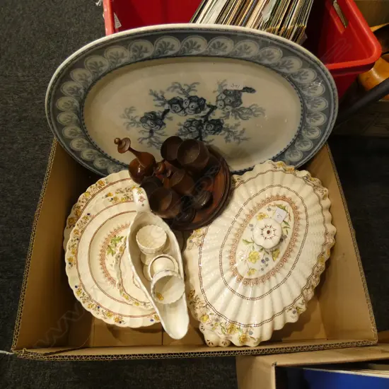 BOX LOT COPELAND SPODE 'BUTTERCUP' DINNERWARE + LARGE VICTORIAN PLATTER ETC
