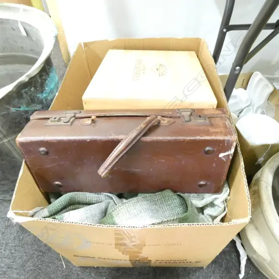 BOX LOT ASST LINEN / BLANKETS / CLOTHING ETC + WOODEN WINE BOX + SM LEATHER CASE