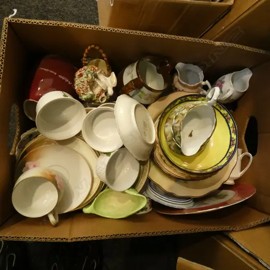 BOX LOT ASST. CHINA; JUGS, R/DOULTON, POLISH CHINA ETC