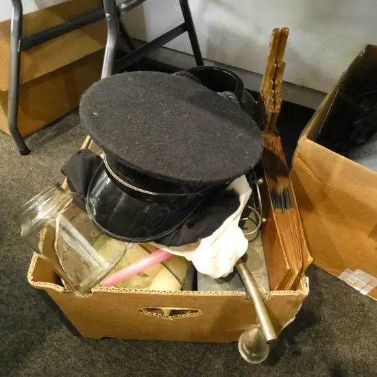 BOX LOT ASST. ITEMS; CAP, GREEN POT, BAMBOO FLUTE, RECORDS, CHINA, GLASS ETC