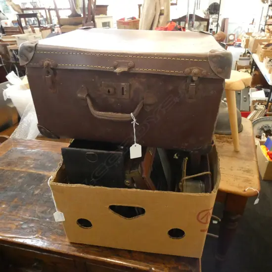 COLLECTION ANTIQUE CAMERA AND SLIDE LENSES; BOX & SUITCASE
